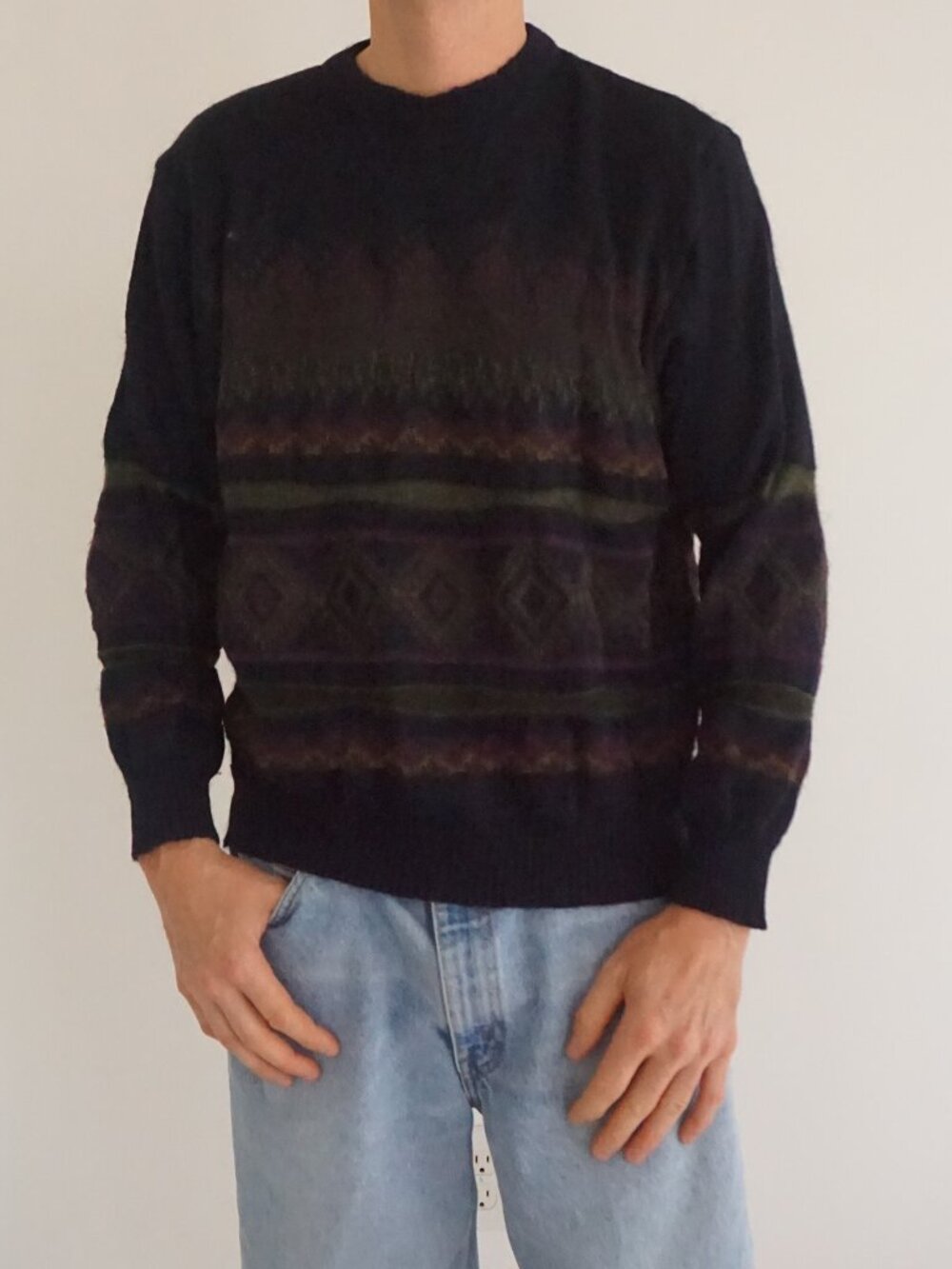Vintage Westbury Navy Green Purple Aztec Geometric Stripe Pattern Knit Sweater M